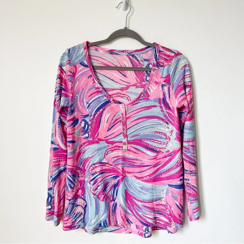 Lilly Pulitzer Sorella Magenta Oh My Guava Long Sleeve Henley Top Small Pima